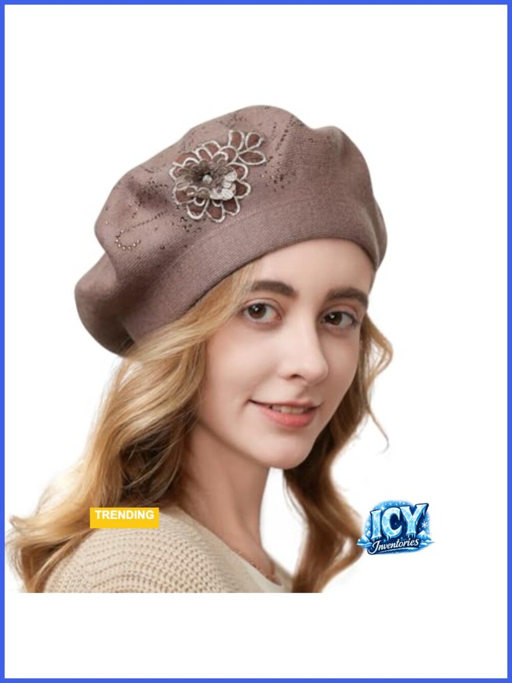 Floral Embroidery Knitted Beret French Style Viscose Hat for Women